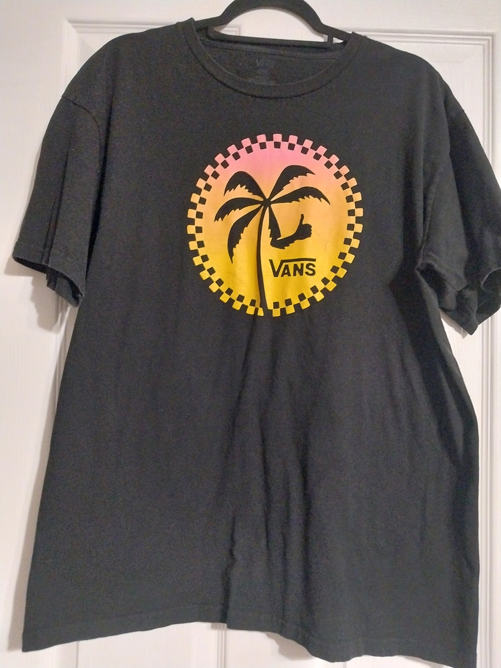 Vans Black Tee with Pink-to-Yellow Palm Sunset Graphic